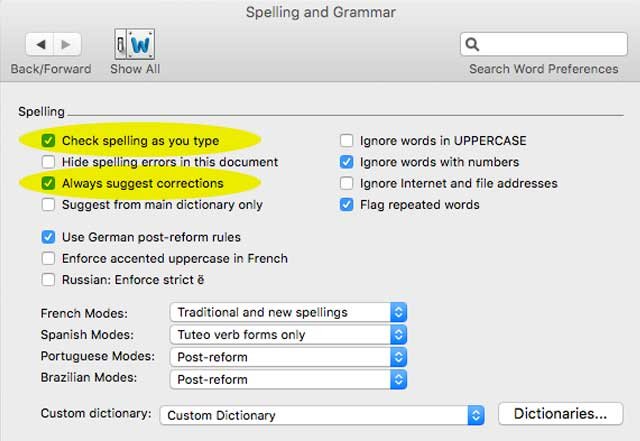 microsoft word for mac missing spelling errors
