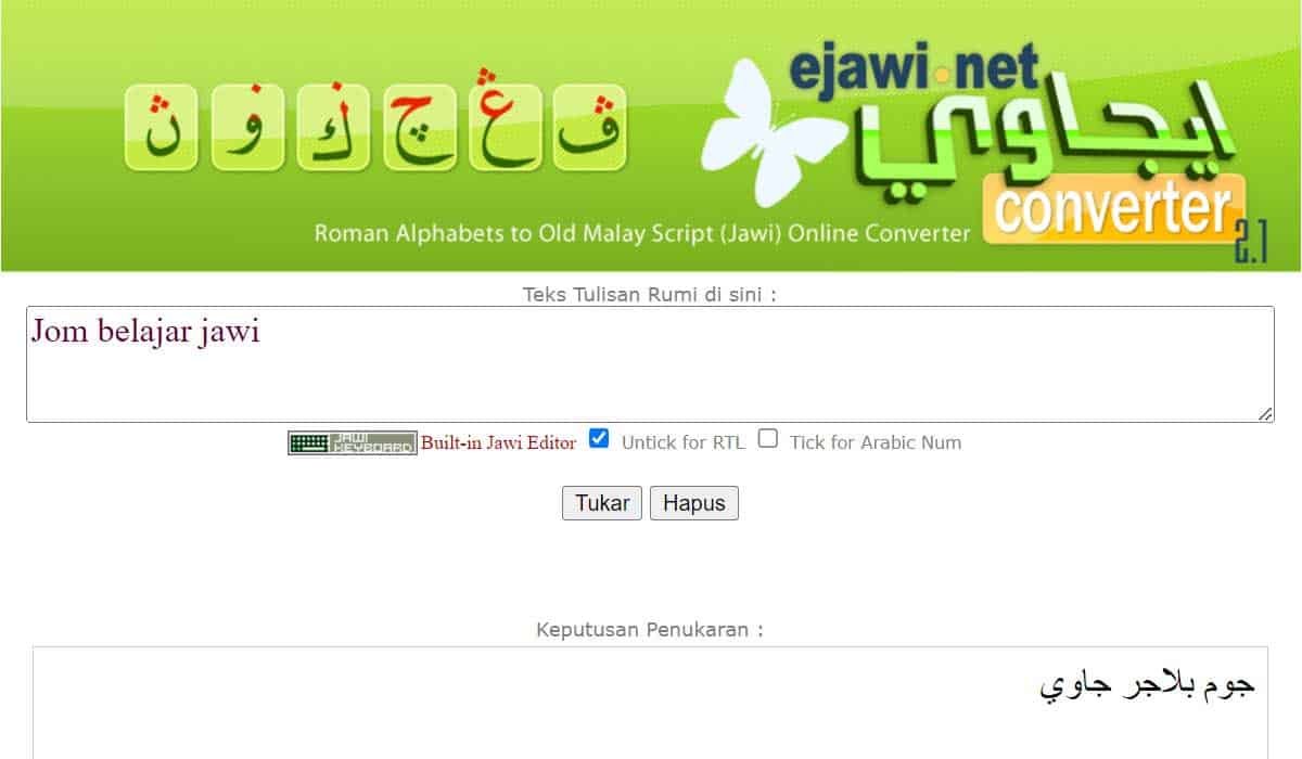 Ejawi - Translasi Online Rumi ke Jawi